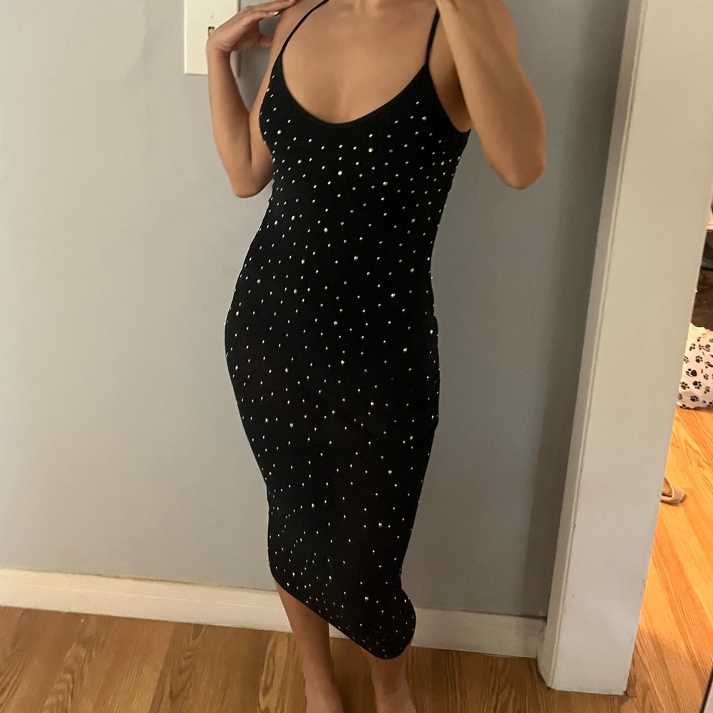 Windsor sheer black midi dress with rhinestones and bodysuit underneath